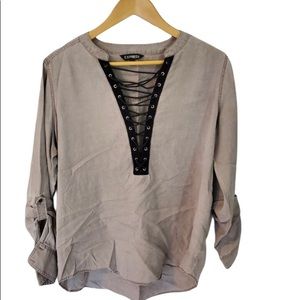 Express Lightweight Beige Top w Black Tie up Neck